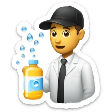  man holding a cap of serum in his hand from which some drops of water are falling downwards and it should be in black sticker