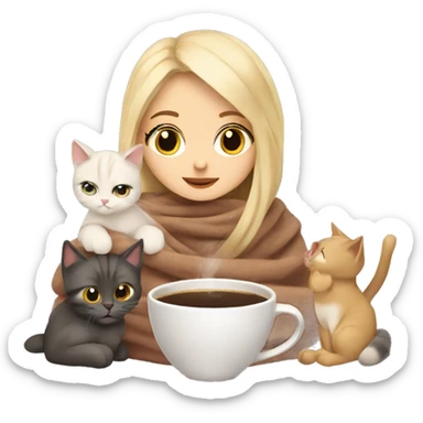 Blonde girl in blanket drinking coffee and sitting with her two cats sticker