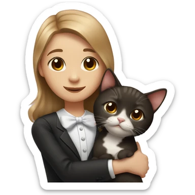 girl with light brown hair & brown eyes hugging tuxedo cat sticker