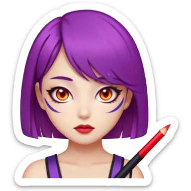 fierce K-pop warrior girl emoji face with sleek violet hair in a sharp bob, glowing red almond-shaped eyes, bold eyeliner, calm but intense expression sticker