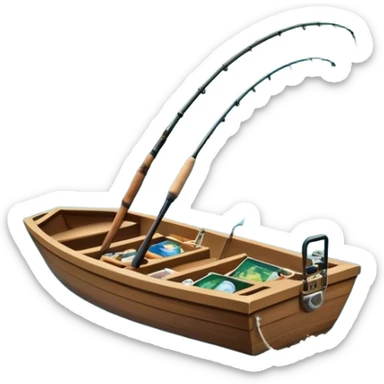Icon for Fishing Travel: a boat on a calm lake surrounded by mountains and lush greenery, with fish jumping out of the water, a fishing rod, tackle box. The icon should capture the peaceful and adventurous nature of fishing trips. Transparent background. sticker