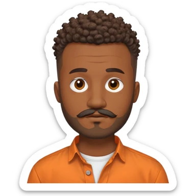 
"Brown adult man (around 24), curly mohawk with shaved sides, beard and mustache. Wearing an orange collarless round-neck button-up shirt. No teenage or old features."

 sticker
