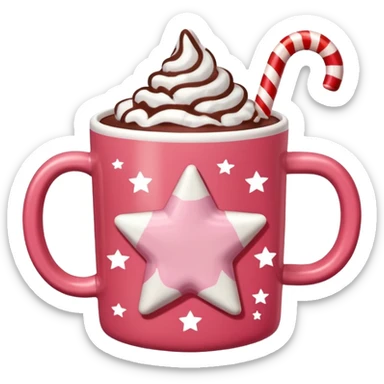 hot chocolate in red and pink pastel christmas mug with stars and candy cane, trendy aesthetic sticker