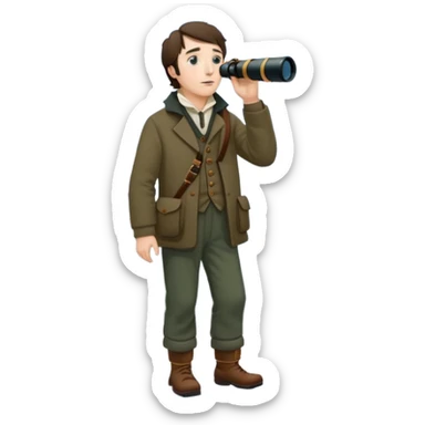 henry David thoreau full body looking up  birdwatching with binoculars in snow sticker