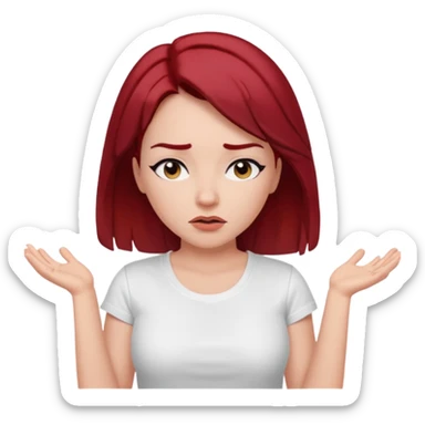 younger woman shrugging, eyes closed, white t-shirt, dark red hair, black eyebrows sticker