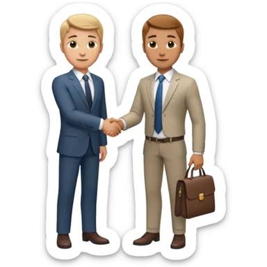 a video editor handshaking with a castomer. customer wears suit and tie but video editor wears shirt and trouser. they are handshaking inside a corporate office. sticker