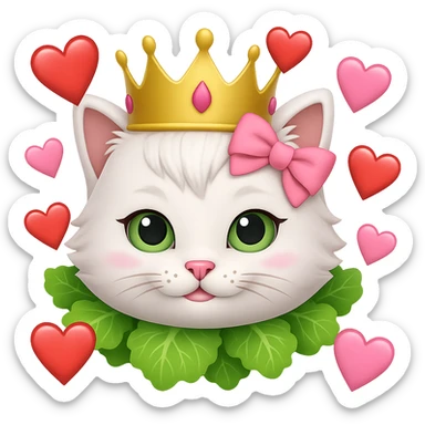 Add hearts around a white cat with a pink bow and a green lettuce crown in emoji style, no background. sticker