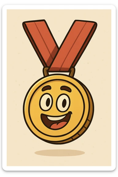 cartoon-style medal with a red ribbon, cheerful and bold sticker