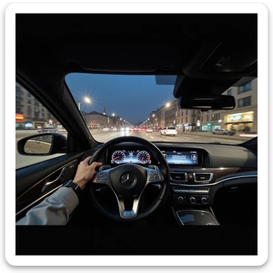 Mercedes E63 2024, immersive cockpit POV, left hand on steering wheel, night cityscape of Bucharest visible through windshield, motion blur, city traffic visible ahead, highly realistic sticker
