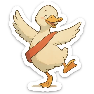 ghibli style dancing duck with a race sash sticker