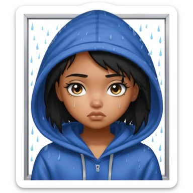 generate a pretty bratz brown skinned girl with messy black hair looking out of the rainy window, looking very sad sticker