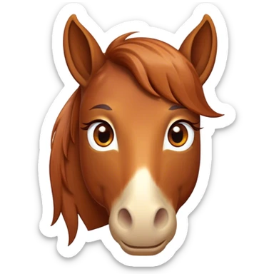Cinematic Cute Chestnut Horse Portrait Emoji, Head tilted playfully and inquisitively, showcasing a glossy chestnut fur with a vibrant sheen and gentle, expressive amber eyes, Simplified yet irresistibly adorable features, highly detailed, glowing with a warm, friendly glow, high shine, affectionate and spirited, stylized with a touch of whimsy, bright and endearing, soft glowing outline, capturing the essence of a mischievous yet loving horse, so playful it feels like it could prance out of the screen and into your arms! sticker