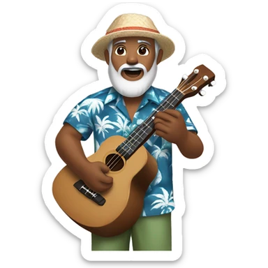 dark-skinned native hawaiian man h playing ukulele age 57 with hawaiian shirt shorts beard with cap and hair with a little gray hair and a goatee beard, small asian eyes sticker