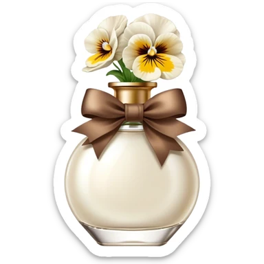pearl white perfume bottle in vintage style and ivory colored pansies and brown bow sticker
