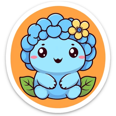 sky blue hydrangea flower with a twisted face and bulging eyes, holding its belly in a desperate toilet run, soft pastel shades sticker