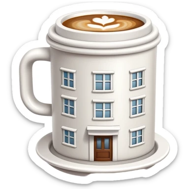 generate realistic detailed building with coffee cup on the top in 3d style sticker