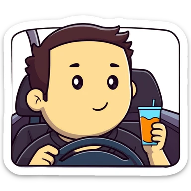 driver with flushed cheeks, one hand on the wheel, the other holding a drink, exaggerated expression sticker