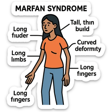 Create an educational graphic highlighting Marfan syndrome in a Middle Eastern woman. Show a tall, thin female figure with long limbs and fingers, curved spine, chest deformity, and subtle facial features. Include clear labels for each characteristic. The style should be clear, informative, and suitable for a general public audience. sticker