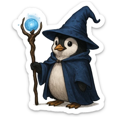 penguin wizard, magical staff, wearing a wizard hat sticker