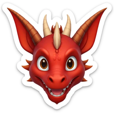 Cute Red dragon smile.  dark horns, pointed ears. Brown mane hair. Head only, Headshot sticker