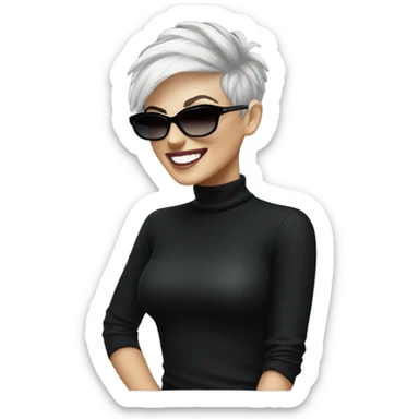 Smiling White woman with short very messed punk silver pixie white hair xmas sunglasses big black rayban and black high polo neck sweater sticker