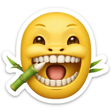 yellow emoji face biting on bamboo muzzle with teeth visible sticker