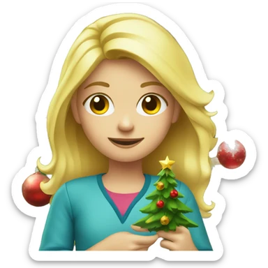 Blond Girl decorating a Christmas tree sticker