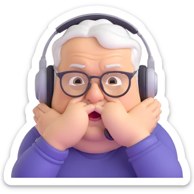Very chubby brown old man with medium white hair, wearing glasses and headphones, looking surprised and angry, no facial hair, round full cheeks, double chin, looking to the upper left corner sticker