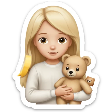 Blonde little girl, long hair, white long sleeve, with beige bear sticker