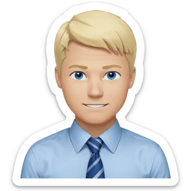 A guy with blonde hair and blue eyes that looks masculine. make him wear a shirt with a tie. he is danish. Make 4 diferent variations. in one he is smilin. in one he is angry sticker