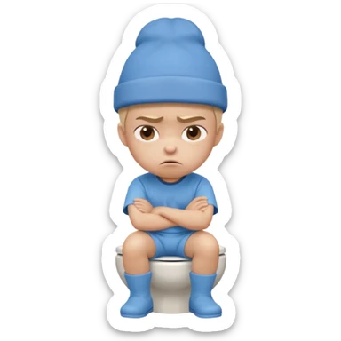 3D cartoon child with a slightly different face, wearing the same style blue hat and blue outfit, sitting on a toilet, angry expression, arms crossed, pastel children’s animation style." sticker