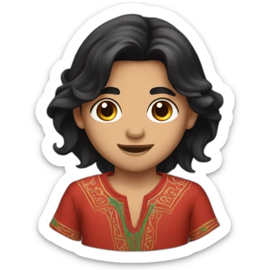 A boy with long black hair and Brown eyes and morocco shirt sticker