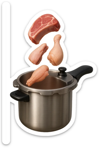 emoji stile iphone in 3d di una pentola a pressione dentro cui cadono agnello, pollo e tacchino crudi da cuocere, iperrealistico 4k sticker