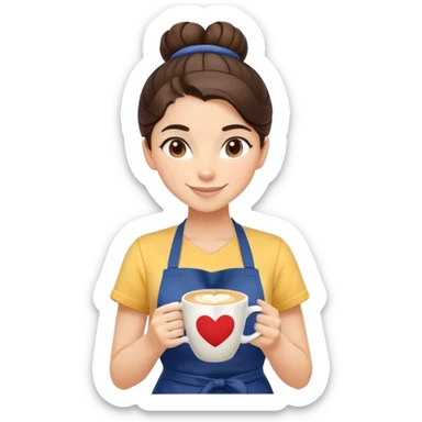 Cute brunette barista girl with hair in a bun wearing yellow shirt and dark blue apron, she's relaxed and making heart-shaped latte art, smiling at the coffee cup with a heart design in the foam sticker