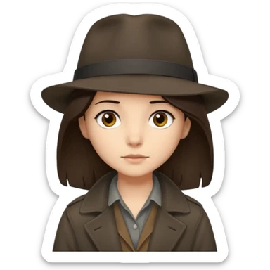 Hobo tomboy with shoulder-length center-parted dark brown hair. brown eyes, dark dull brown coat, grey shirt. sticker