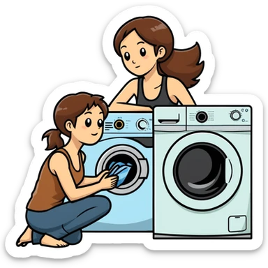 Caucasian woman with brown hair and huge boobs wearing a tank top kneeling next to washer and dryer sticker