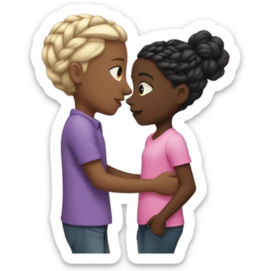 a dark skinned boy wearing a purple shirt, and silver earrings. kissing a lightskin black girl wearing a pink shirt with braids .  sticker
