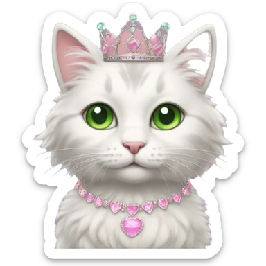 fluffy cat with green eyes in a princess dress and a pink tiara sticker