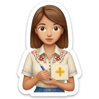 A Ukrainian girl with brown hair in an embroidered shirt holds a diagram in her hand sticker