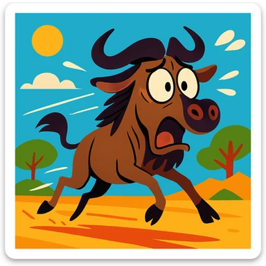 cartoon gnu running in fear, exaggerated motion lines, vibrant cartoon style sticker