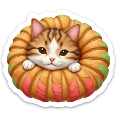 dark brown tabby and white cat in croissant position upside down with eyes closed sticker