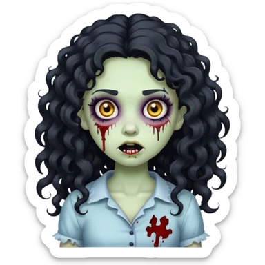 cute cartoon zombie girl with long black curly hair and a white streak, creepy face, makeup details, iPhone emoji style sticker