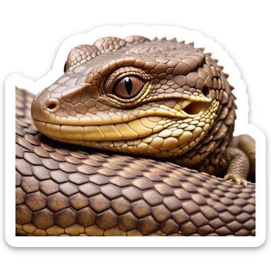 Meme-Worthy cute Sleeping brown camo spotted monitor Lizard Portrait Emoji, Head resting peacefully with a contented smile, showcasing intricately patterned scales and eyes gently closed in serene slumber, Simplified yet comically adorable features, highly detailed, glowing with a soft, drowsy earthy light, high shine, relaxed and utterly lovable, stylized with an air of playful laziness, bright and heartwarming, soft glowing outline, capturing the essence of a sleeping reptilian guardian that feels destined to become the next viral icon of adorable rest! sticker