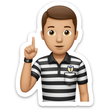 A calm referee with striped shirt, pointing clearly toward the field wearing whistle  sticker