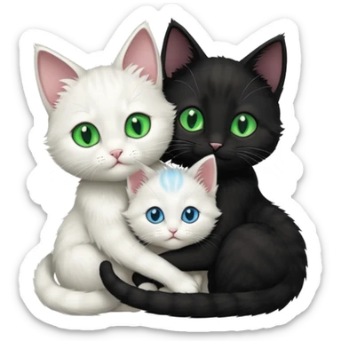 Black cat with green eyes cuddling next to small white kitten with blue eyes  sticker