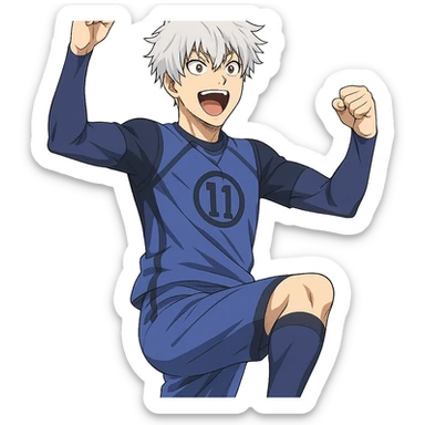 Nagi Seishiro from Blue Lock, anime style, celebrating a goal, white hair, blue uniform, energetic expression sticker