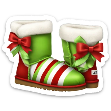 Realistic red and white striped Ugg boots with fur and peridot green silk ribbon bows.   sticker
