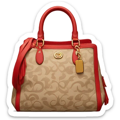 Beige Designer Coach bag with red monogram and beige trim sticker