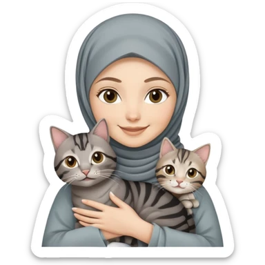 White girl wearing hijab holding a black grey tabby cat while smiling sticker