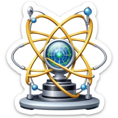 An icon featuring a large particle collider, atom symbols, and energy waves, symbolizing the field of physics. The design includes a lab setup with scientific equipment, representing experiments and fundamental forces of nature. Transparent background highlights the exploration of matter and energy. sticker